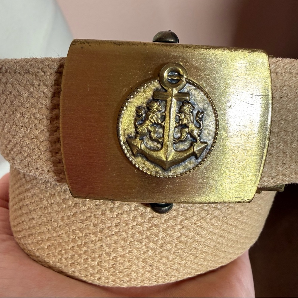 Vintage 1970's nautical anchor brass buckle tan woven adjustable Sailor belt USA
